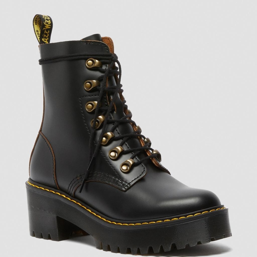 Dr. Marten Leona Women's Black Vintage Leather Lace Up Platform Combat Boots